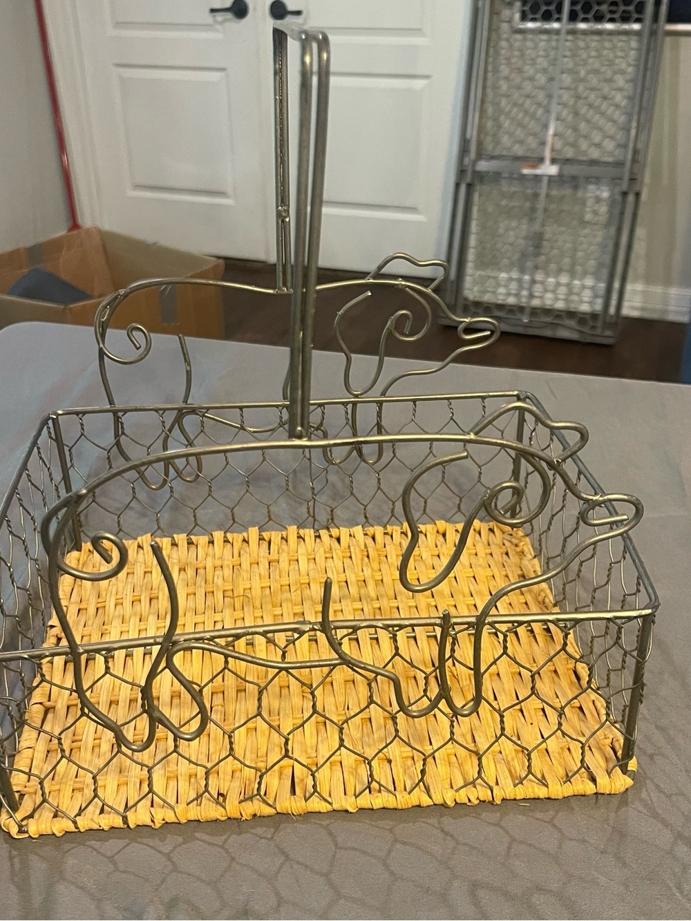 Two-Tone Wire Basket with Woven Natural Base - Gold Metal, Natural